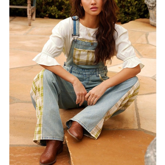 Light Wash Plaid print Pockets Straight Leg Denim Jeans Overalls - Picture 3 of 5